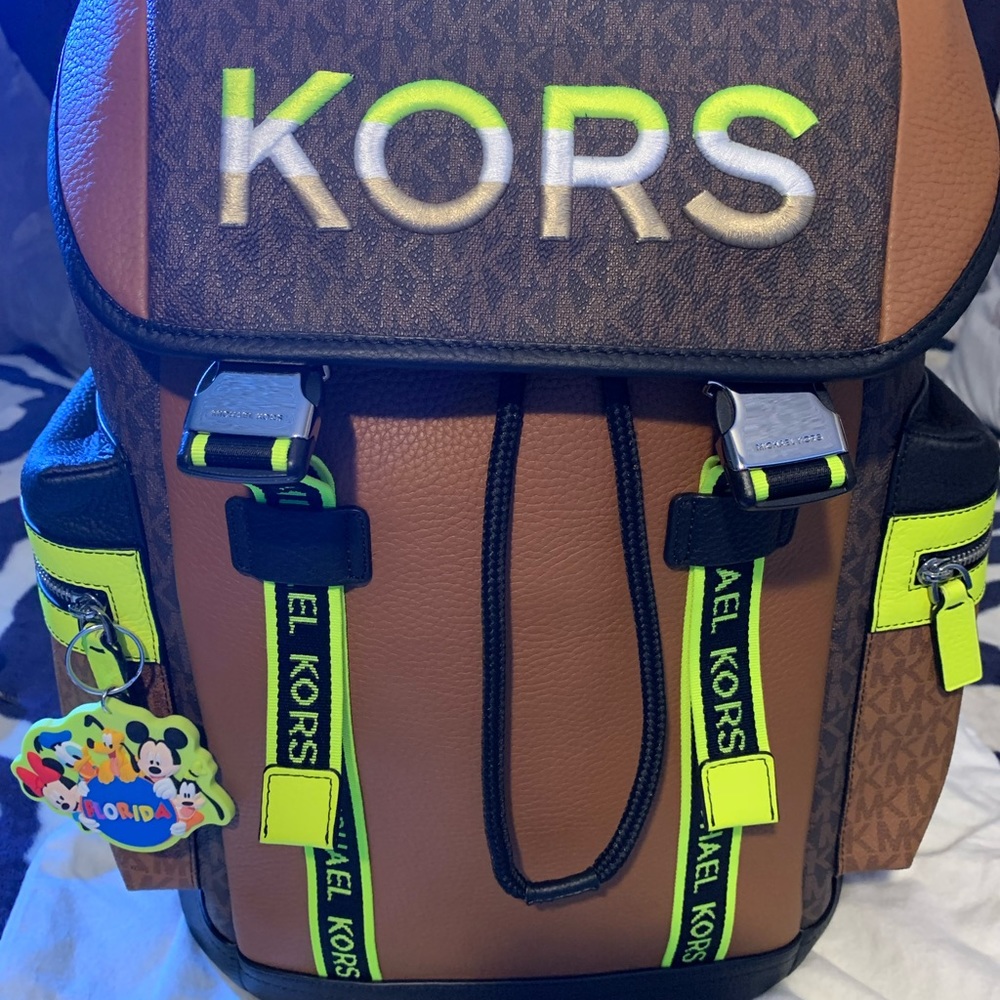 Michael Kors Cooper two tone leather Brown/Neon Green  travel backpack/ luggage